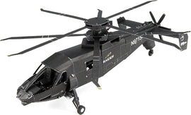 A detailed metal model of the S-97 Raider helicopter by Fascinations, showcasing intricate design elements and precision engineering. The model features a sleek black finish, spinning rotors, and is suitable for DIY enthusiasts.