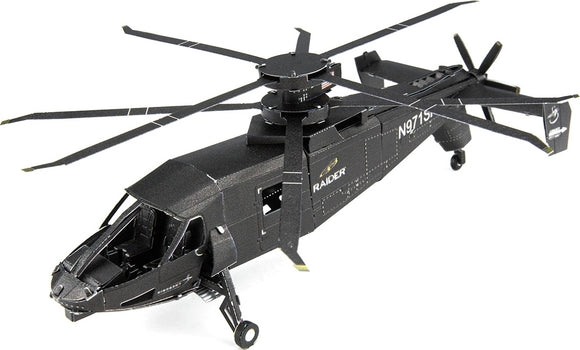 A detailed metal model of the S-97 Raider helicopter by Fascinations, showcasing intricate design elements and precision engineering. The model features a sleek black finish, spinning rotors, and is suitable for DIY enthusiasts.