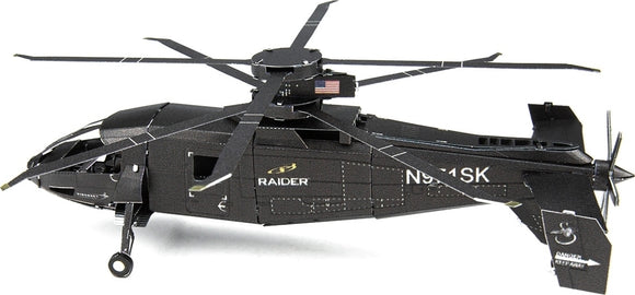 Metal Earth S-97 Raider DIY model kit featuring a detailed metal replica of the S-97 Raider helicopter. Perfect for enthusiasts and hobbyists, this model showcases intricate design, precision cut metal pieces, and represents advanced rotorcraft technology.
