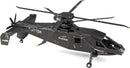 A detailed metal model kit of the S-97 Raider helicopter by Fascinations. The model features intricate parts, a sleek black finish, and realistic rotor blades, showcasing the design and engineering of this advanced aircraft. Ideal for DIY enthusiasts and collectors.