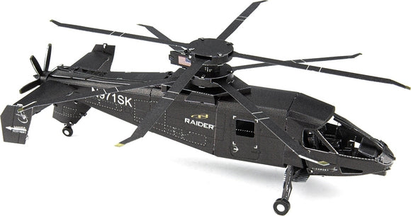 A detailed metal model kit of the S-97 Raider helicopter by Fascinations. The model features intricate parts, a sleek black finish, and realistic rotor blades, showcasing the design and engineering of this advanced aircraft. Ideal for DIY enthusiasts and collectors.