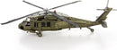 The Metal Earth Black Hawk model showcases a detailed metallic helicopter with intricate components including rotor blades, cockpit, and landing gear. Its olive green finish adds realism, making it a captivating DIY project for enthusiasts.