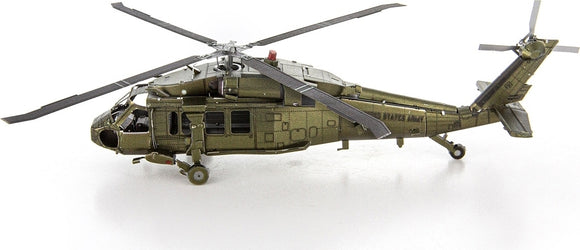 The Metal Earth Black Hawk model showcases a detailed metallic helicopter with intricate components including rotor blades, cockpit, and landing gear. Its olive green finish adds realism, making it a captivating DIY project for enthusiasts.