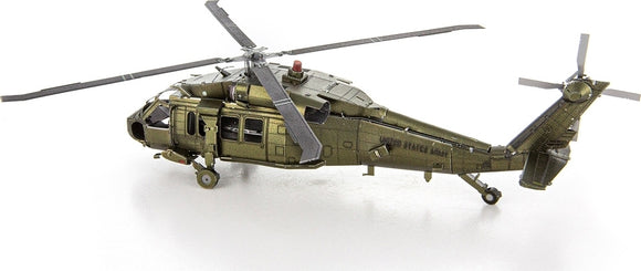 Metal Earth Black Hawk DIY kit by Fascinations. This intricate metal model replicates the iconic Black Hawk helicopter with fine details and precision engineering, perfect for hobbyists and model enthusiasts. Assembly required.