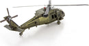 Metal Earth: Black Hawk DIY kit by Fascinations featuring a detailed metal model of a Black Hawk helicopter. The model is intricately designed with realistic color and markings, showcasing detailed features such as rotors, windows, and body paneling, perfect for military aviation enthusiasts and model builders alike.