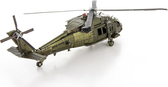 Metal Earth: Black Hawk DIY kit by Fascinations featuring a detailed metal model of a Black Hawk helicopter. The model is intricately designed with realistic color and markings, showcasing detailed features such as rotors, windows, and body paneling, perfect for military aviation enthusiasts and model builders alike.