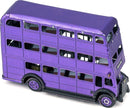 A detailed metal model kit of the Knight Bus from the Harry Potter series, featuring a vibrant purple color and intricate details such as windows and wheels. The model portrays the iconic double-decker design with an emphasis on craftsmanship, perfect for fans and DIY enthusiasts.