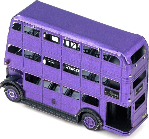 A beautifully detailed Metal Earth DIY kit of the Knight Bus, featuring a purple metallic finish. The model showcases intricate cutouts for windows and doors, representing the iconic double-decker bus from the Harry Potter series. Perfect for collectors and craft enthusiasts looking to create a unique display piece.