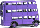 A detailed metal model kit of the Knight Bus from Harry Potter, featuring a striking purple finish. The model showcases intricate cut-out windows, showcasing the interior design, with a classic double-decker bus shape. Ideal for DIY enthusiasts and collectors alike.