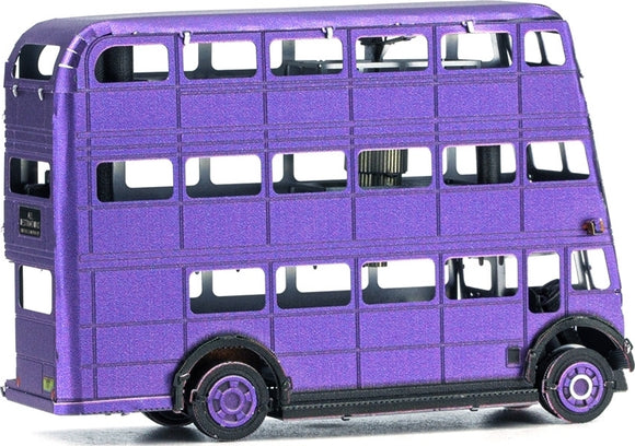 A detailed metal model kit of the Knight Bus from Harry Potter, featuring a striking purple finish. The model showcases intricate cut-out windows, showcasing the interior design, with a classic double-decker bus shape. Ideal for DIY enthusiasts and collectors alike.