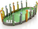 A detailed 3D metal model of a Quidditch Pitch from Metal Earth. It features vibrant colored towers representing each team’s goalposts, surrounded by a green textured field. The intricate design showcases the unique structures of the pitch, including hoops and multiple levels, making it a perfect DIY kit for fans of Harry Potter and model building enthusiasts.