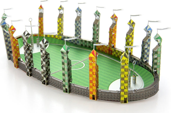 Metal Earth Quidditch Pitch DIY kit featuring intricately detailed, colorful metal structures representing the iconic Quidditch field with goal hoops and mini towers. Perfect for fans of the magical game.
