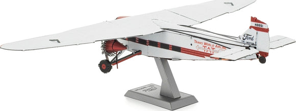 A detailed model of the Ford Trimotor airplane by Fascinations, showcasing intricate metal construction. The model features the iconic three-engine design and is mounted on a stable base. Perfect for DIY enthusiasts and collectors, this kit allows you to recreate a classic piece of aviation history.