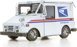 A detailed Metal Earth model of the USPS LLV mail truck, showcasing intricate metal parts and precise design. The model is in white, featuring the USPS logo and colorful stripes. It highlights the truck's unique shape and wheels, perfect for enthusiasts of DIY kits and model building.