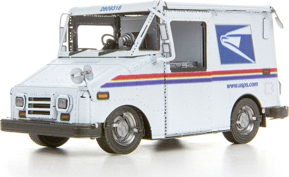 A detailed Metal Earth model of the USPS LLV mail truck, showcasing intricate metal parts and precise design. The model is in white, featuring the USPS logo and colorful stripes. It highlights the truck's unique shape and wheels, perfect for enthusiasts of DIY kits and model building.