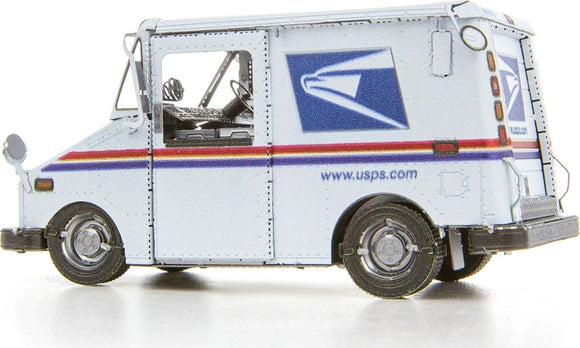Detailed metal model kit of a USPS LLV Mail Truck by Fascinations. The kit features intricate designs, visible doors, and a realistic color scheme, ideal for DIY enthusiasts and collectors.