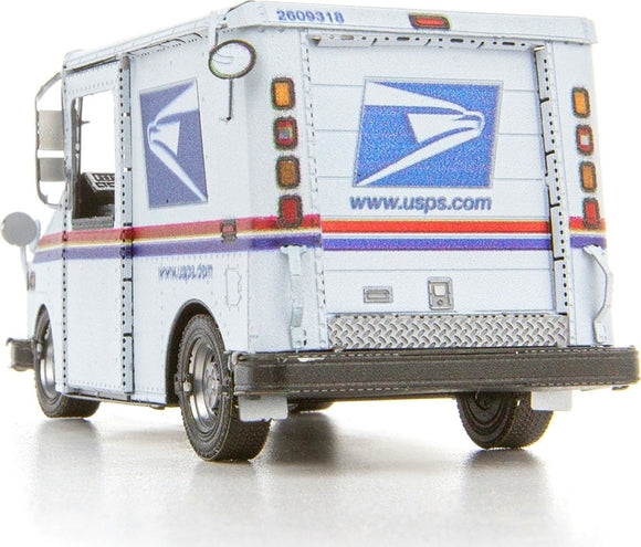 A detailed Metal Earth DIY kit featuring a model of the USPS LLV mail truck. The model showcases intricate designs and postal service branding with a striking white, blue, and red color scheme. It includes realistic features like taillights, wheels, and a cargo door, perfect for collectors and model enthusiasts who enjoy assembling intricate structures.