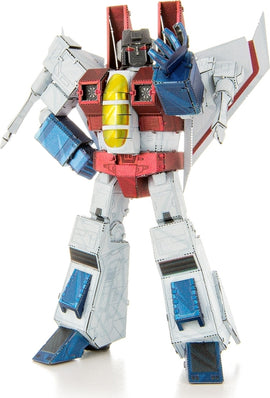 A detailed Metal Earth Starscream Transformer DIY kit from Fascinations, featuring a metallic model of the character with intricate design and vibrant colors, ideal for crafting enthusiasts.