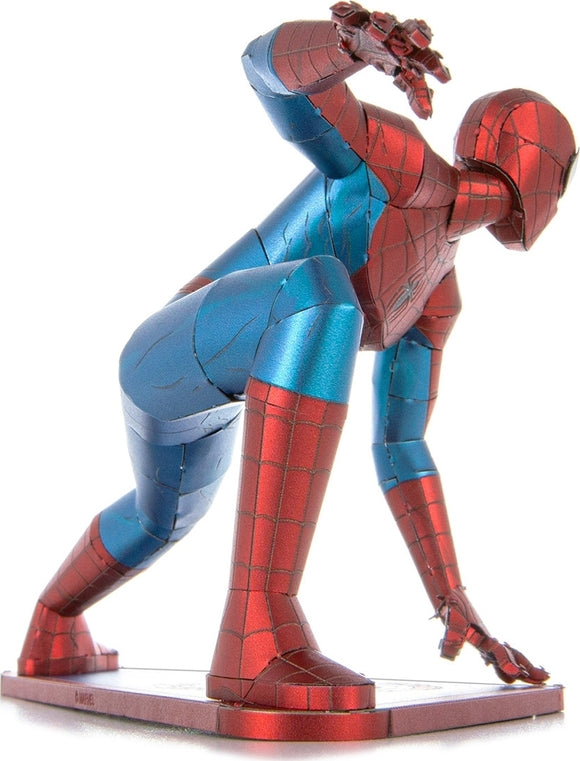 A detailed and colorful DIY Metal Earth model of Spider-Man in a dynamic pose, showcasing vibrant red and blue metallic finishes, ideal for collectors and fans.