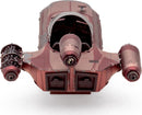 Detailed model of the Metal Earth X-34 Landspeeder from Star Wars, featuring intricate metal parts, a sleek design, and visible cutouts for the cockpit and engines, showcasing the unique color scheme primarily in shades of red and metallic silver.