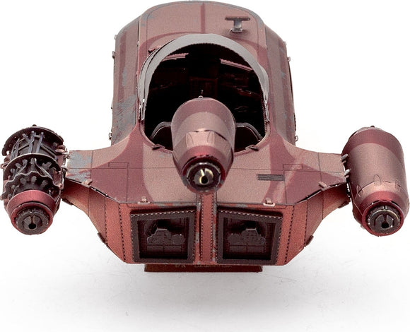 Detailed model of the Metal Earth X-34 Landspeeder from Star Wars, featuring intricate metal parts, a sleek design, and visible cutouts for the cockpit and engines, showcasing the unique color scheme primarily in shades of red and metallic silver.