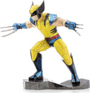 Metal Earth Wolverine Marvel DIY kit features a detailed metal model of Wolverine in a dynamic pose. The model showcases vibrant colors, intricate designs, and is equipped with metal claws for a striking appearance. Perfect for Marvel fans and model-building enthusiasts.