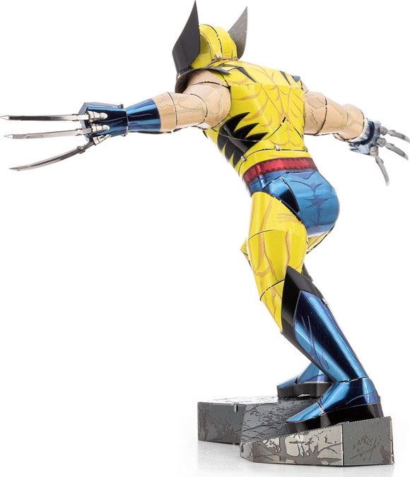 A detailed view of the Metal Earth Wolverine Marvel DIY kit by Fascinations, showcasing the intricate metallic design and coloring of the Wolverine figure. The figure is posed dynamically, highlighting its claws and iconic costume, with a sturdy base for display.