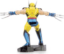 A detailed Metal Earth DIY kit of Wolverine from Marvel, showcasing the character's iconic yellow and blue costume. The figure stands with arms outstretched and metal claws visible, featuring intricate metal detailing and a robust base emblazoned with the Marvel logo.