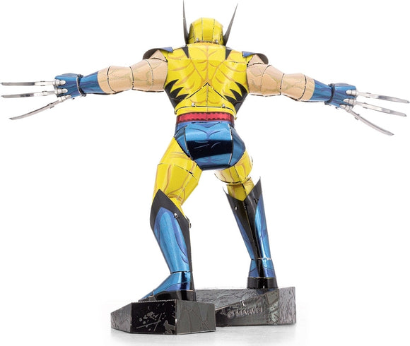 A detailed Metal Earth DIY kit of Wolverine from Marvel, showcasing the character's iconic yellow and blue costume. The figure stands with arms outstretched and metal claws visible, featuring intricate metal detailing and a robust base emblazoned with the Marvel logo.