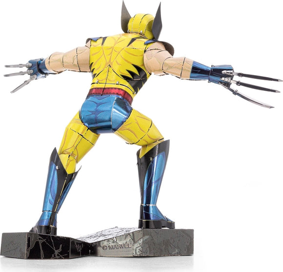 A detailed Metal Earth DIY kit of Wolverine from Marvel, showcasing a colorful model with blue and yellow armor and iconic claws, standing on a stylized base.