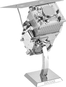 Metal Earth: Worldview Legion DIY kit by Fascinations. The model is displayed in metallic silver, featuring intricate details including solar panels, antennas, and machinery components, all set on a sturdy base that reads 'MAXAR'. Perfect for model enthusiasts and DIY lovers.