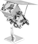 A detailed metal model kit of the Worldview Legion satellite, featuring intricate components including antennas, sensors, and a solar panel. The model is displayed on a sturdy base, giving it a polished and elegant appearance, suitable for DIY enthusiasts and collectors.