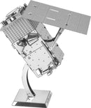 The Metal Earth Worldview Legion DIY kit features an intricately designed metallic model of a satellite. The model showcases detailed components including solar panels, antennas, and textured panels, all mounted on a sleek base that provides stability. It is ideal for hobbyists and those who appreciate model-building.
