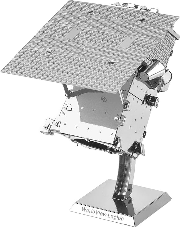 An intricate model of the Worldview Legion satellite by Fascinations. The metal structure features detailed solar panels and a polished base, showcasing a DIY assembly design for enthusiasts.