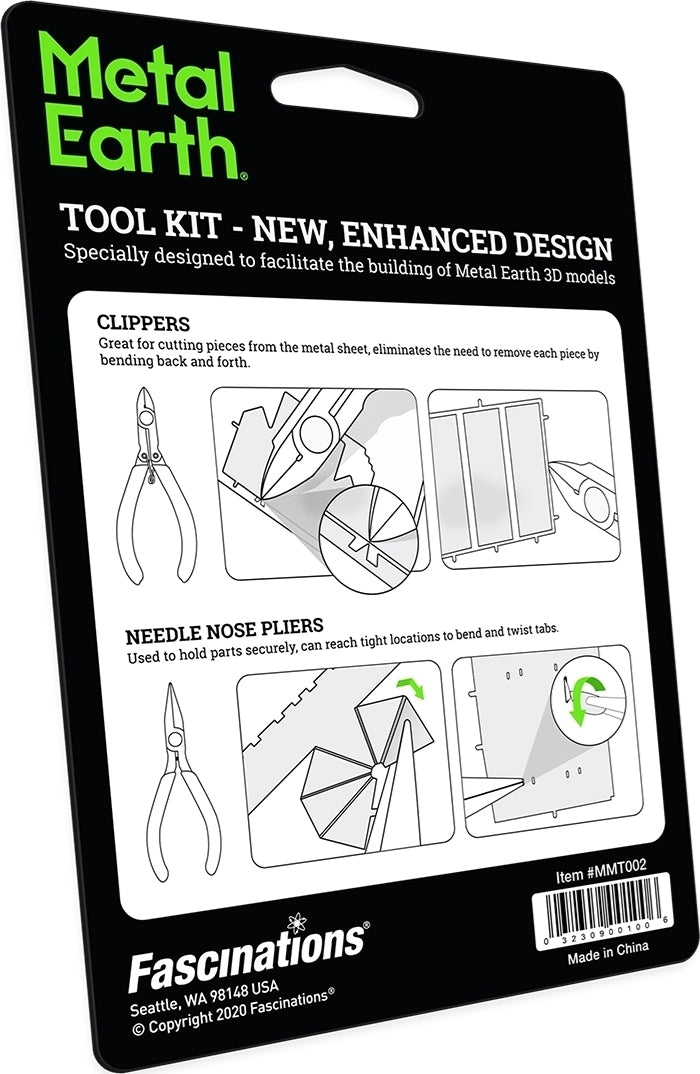 The Metal Earth Tool Kit features enhanced tools for building 3D models, including clippers for cutting pieces and needle nose pliers for gripping and bending. The packaging highlights the functionality and design tailored for easier model assembly.