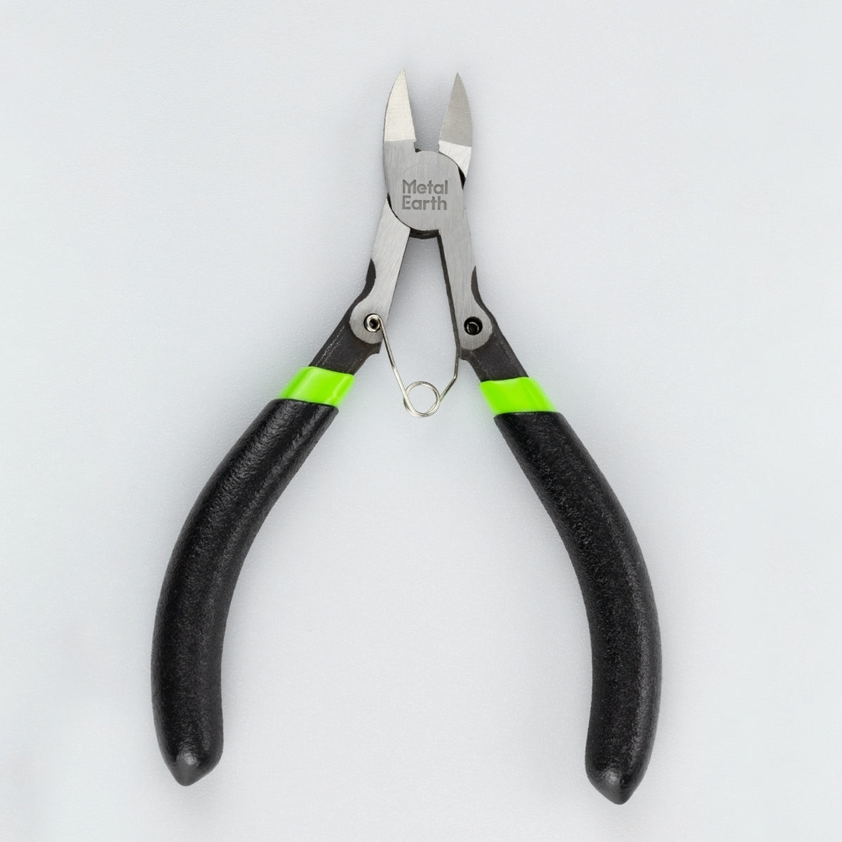 Close-up of a pair of Metal Earth pliers featuring a sleek design. The handles are primarily black with vibrant green accents. Ideal for precision tasks in crafting or DIY projects.