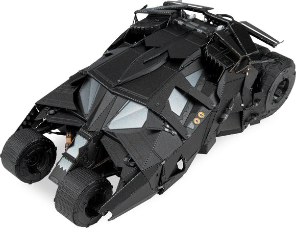 A detailed Batman Tumbler model kit by Fascinations, showcasing the intricate black design and features of the iconic vehicle. This DIY kit is perfect for fans and hobbyists looking to build their own replica of the Batmobile.