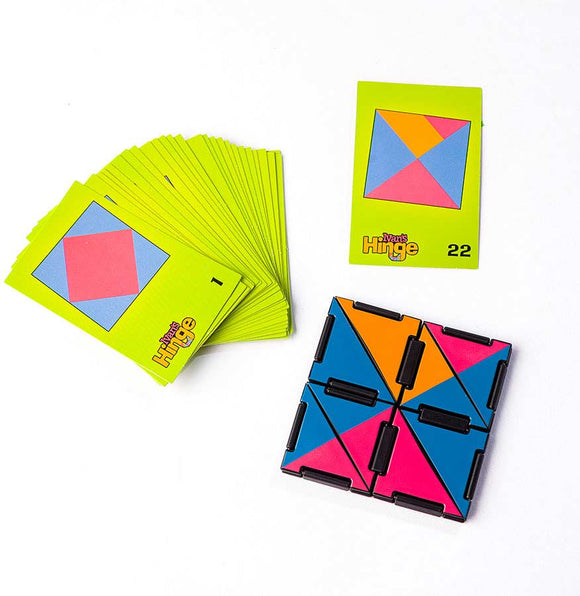 Ivan's Hinge by Fat Brain Toys, a vibrant mechanical puzzle featuring colorful hinged tiles and a stack of instruction cards, showcases various design patterns for problem-solving fun.