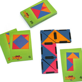 Ivan's Hinge by Fat Brain Toys is a colorful mechanical puzzle set featuring interlocking hinged pieces and challenge cards. The set includes vibrant shapes in blue, pink, and orange, designed to stimulate creativity and problem-solving skills. Ideal for individual play or group challenges.