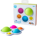 The dimple sensory toy by Fat Brain Toys features a colorful collection of raised bubbles in vibrant pink, green, orange, and blue colors. It's designed for ages 6 months and up. The toy is packaged in a BPA-free product box showing its fun and engaging design, ideal for sensory play and fine motor development.
