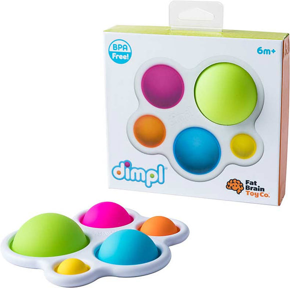The dimple sensory toy by Fat Brain Toys features a colorful collection of raised bubbles in vibrant pink, green, orange, and blue colors. It's designed for ages 6 months and up. The toy is packaged in a BPA-free product box showing its fun and engaging design, ideal for sensory play and fine motor development.
