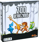 Zoo Rendezvous by Fat Brain is a colorful mechanical puzzle featuring cartoon animal characters including a blue rhino, giraffe, lion, and crocodile. The game box showcases playful illustrations set in a forest background, suitable for ages 8 and up. Designed for engaging solo play, it promises quick and stimulating challenges that nurture problem-solving skills.