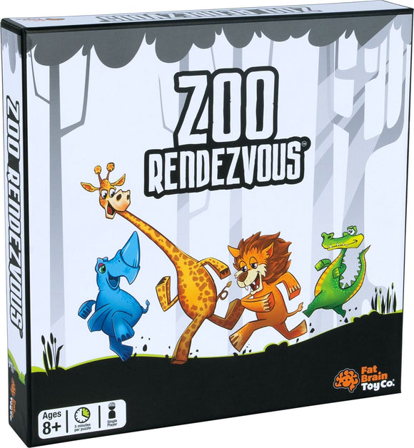 Zoo Rendezvous by Fat Brain is a colorful mechanical puzzle featuring cartoon animal characters including a blue rhino, giraffe, lion, and crocodile. The game box showcases playful illustrations set in a forest background, suitable for ages 8 and up. Designed for engaging solo play, it promises quick and stimulating challenges that nurture problem-solving skills.