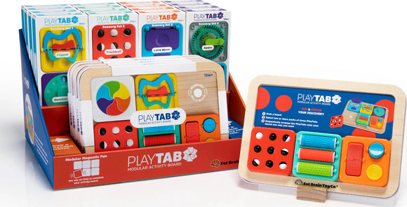 Playtab Activity Board by Fat Brain, featuring a modular design with colorful sensory tiles for interactive play. The board includes various textures and shapes, encouraging discovery and fine motor skills development for children aged 12 months and up.