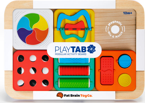 The Playtab: Activity Board by Fat Brain features a colorful, modular design with various engaging textures and shapes. Includes spinning discs, rolling elements, and interactive components for tactile play, suitable for children 12 months and up. Ideal for developing fine motor skills and sensory exploration in a fun, hands-on way.