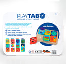 Playtab Modular Activity Board by Fat Brain, featuring a wooden board with colorful, interchangeable sensory tiles designed to engage children in fine motor challenges and visual exploration. The board is laid out flat, displaying various geometric tiles with different textures and colors, inviting hands-on interaction and creativity. Ideal for children 12 months and older.