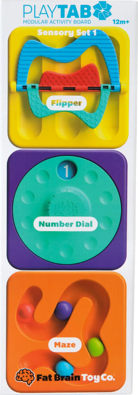 Playtab: Sensory Set 1 by Fat Brain features three engaging modules: a flipper with colorful segments, a number dial with a single digit, and a maze with colorful balls. Suitable for children 12 months and older, this modular activity board encourages sensory exploration and fine motor skills development.
