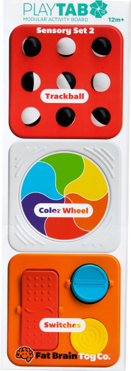 Playtab: Sensory Set 2 by Fat Brain, featuring a modular activity board designed for children 12 months and older. The set includes three interactive components: a Trackball with textured buttons, a vibrant Color Wheel segment showcasing several colors, and a Switches panel with different tactile buttons for sensory exploration.