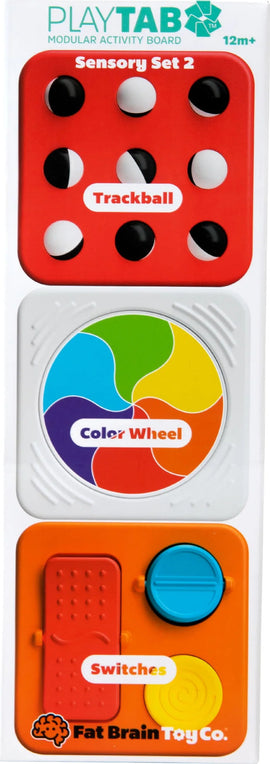 Playtab: Sensory Set 2 by Fat Brain, featuring a modular activity board designed for children 12 months and older. The set includes three interactive components: a Trackball with textured buttons, a vibrant Color Wheel segment showcasing several colors, and a Switches panel with different tactile buttons for sensory exploration.
