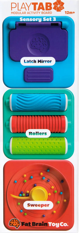 Playtab: Sensory Set 3 by Fat Brain features a modular activity board suitable for children aged 12 months and older. It includes a Latch Mirror, Rollers with different textures, and a Sweeper element that engages young minds through sensory play. Each section is designed to stimulate touch, sight, and fine motor skills, providing an interactive experience for toddlers.